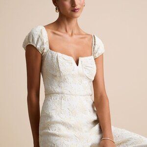 Lulus New Glam Cream Floral Jacquard Bustier Off-the-shoulder Jumpsuit White